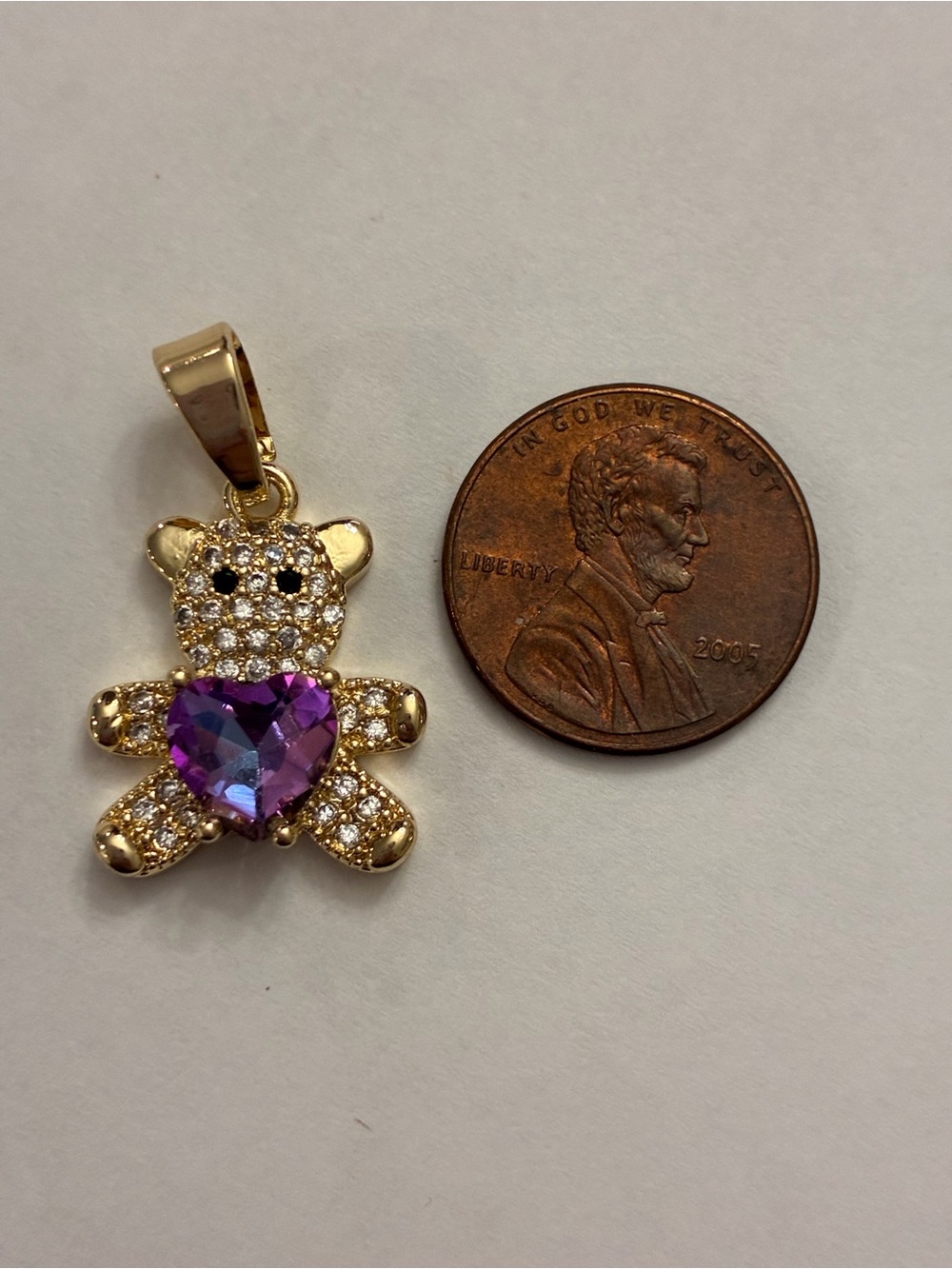 Gold Teddy Bear Pendant with Purple Heart Crystal - Picture 2 of 2
